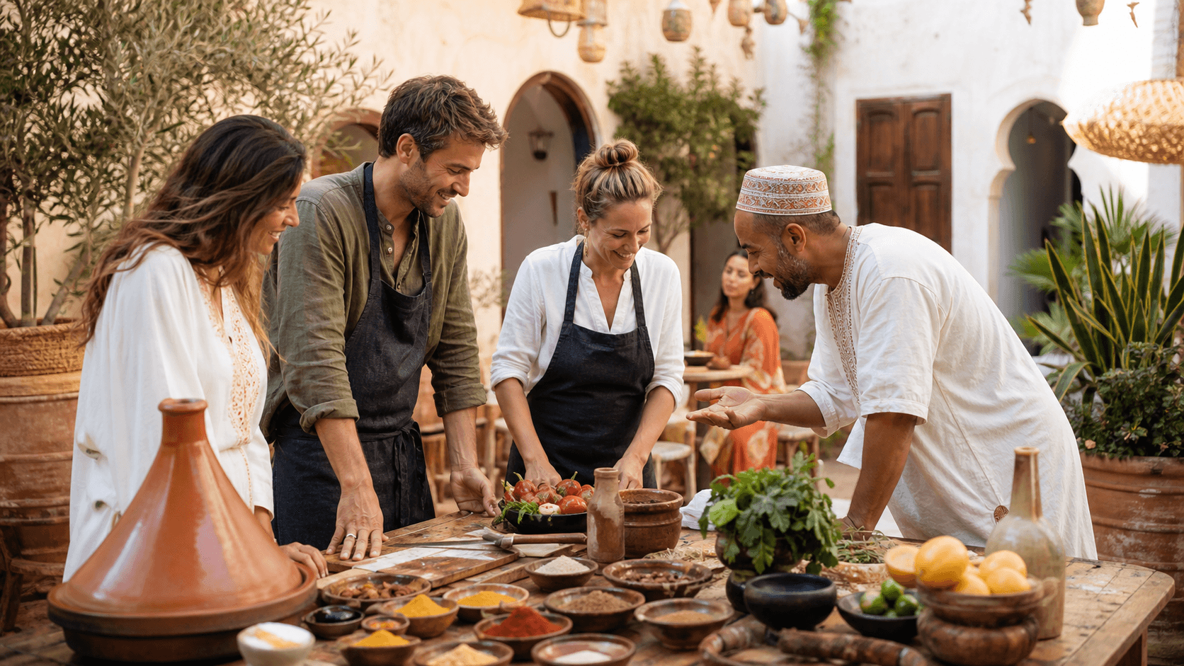 Moroccan cooking and culture activity in a warm courtyard