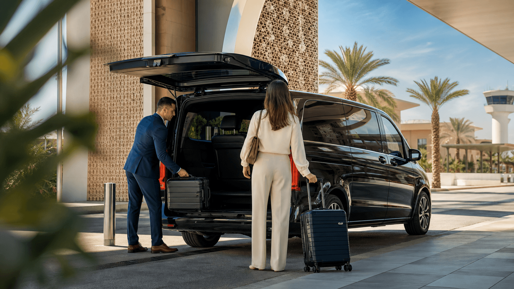 Private airport transfer pickup with luggage and premium van
